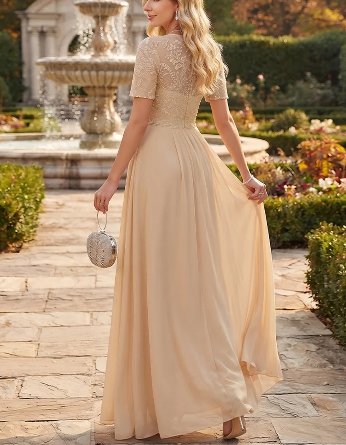 Champagne Lace Embroidery Round Neck Chiffon Wide Leg Jumpsuit