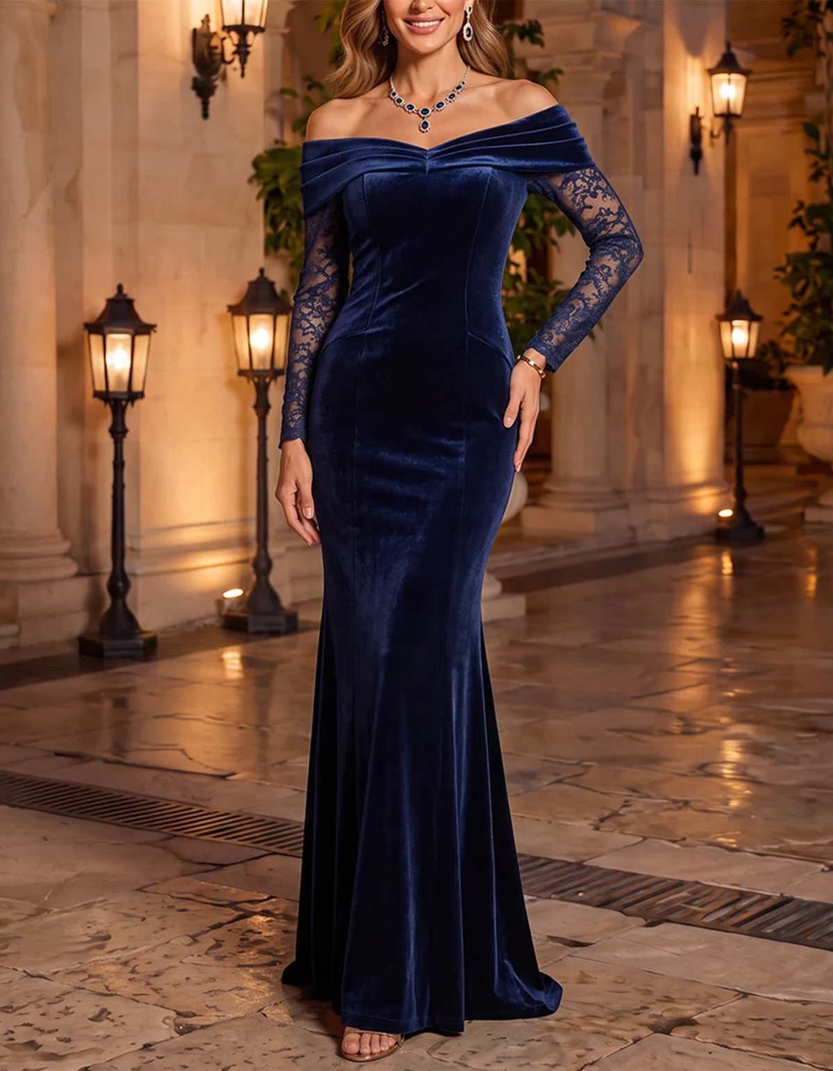 Navy Blue Off‑the‑Shoulder Velvet & Lace Mermaid Maxi Dress