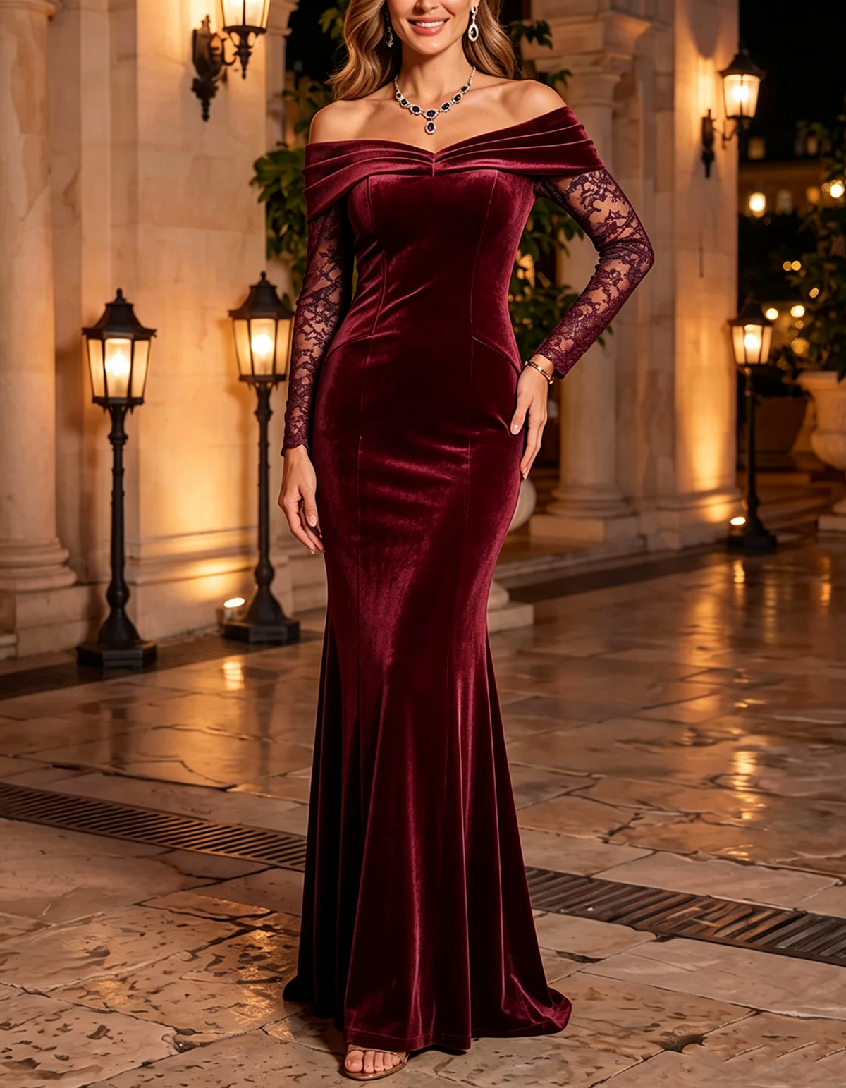 Navy Blue Off‑the‑Shoulder Velvet & Lace Mermaid Maxi Dress