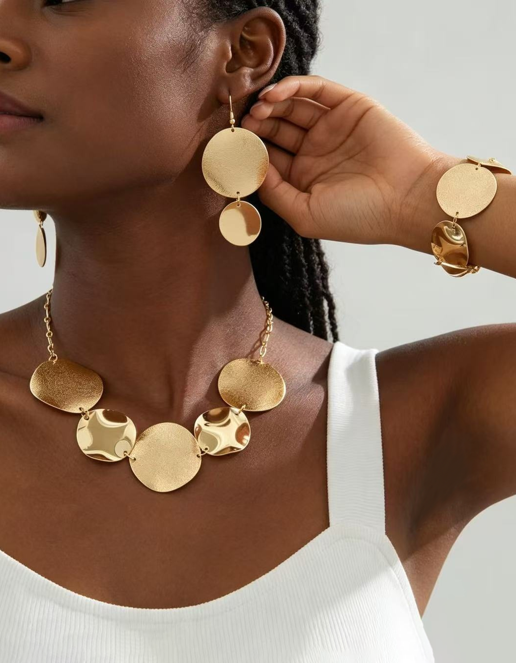 Gold Hammered Large Disc Metal Jewelry Set Statement Necklace Drop Earrings