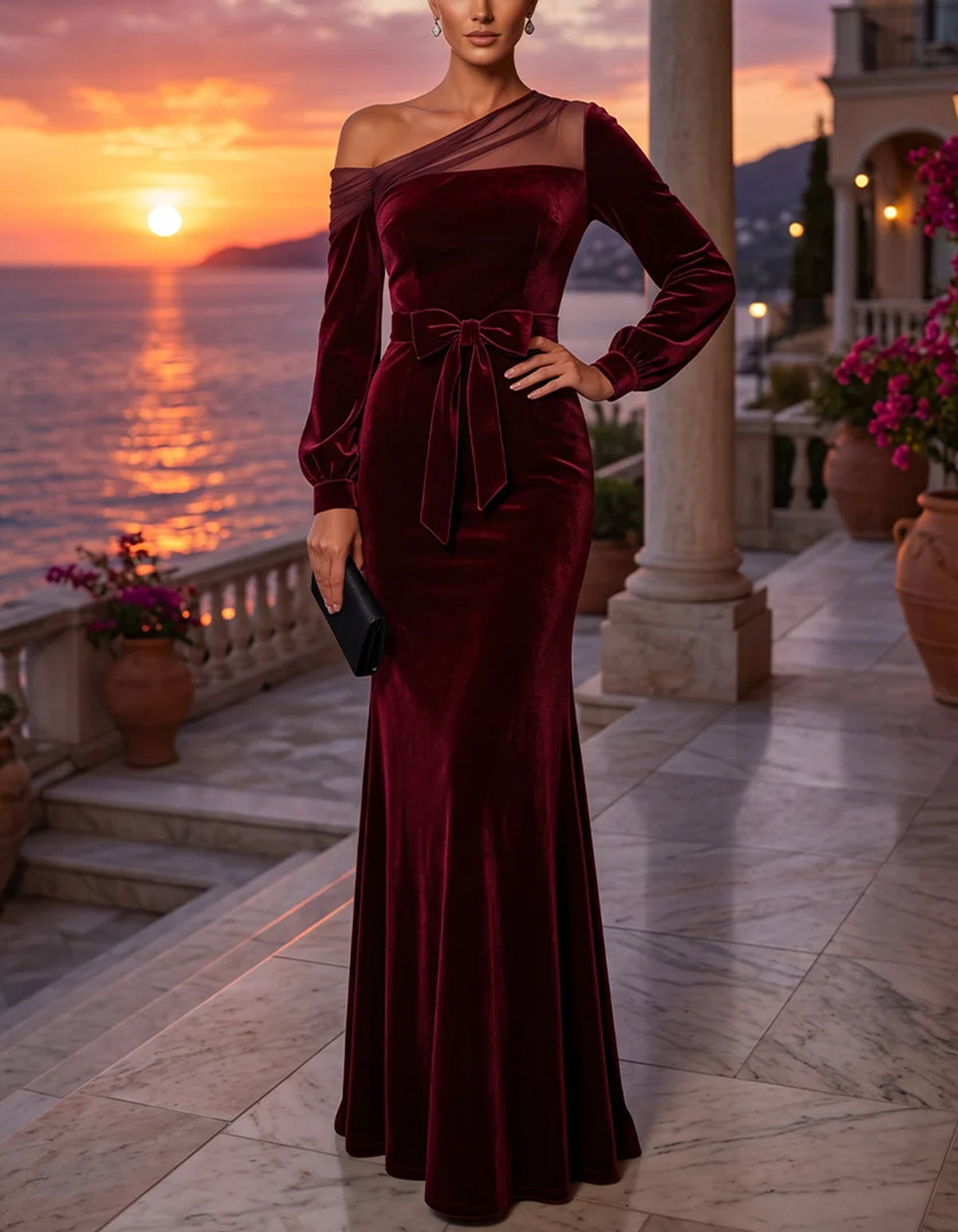 Burgundy Velvet One Shoulder Bow Maxi Dress