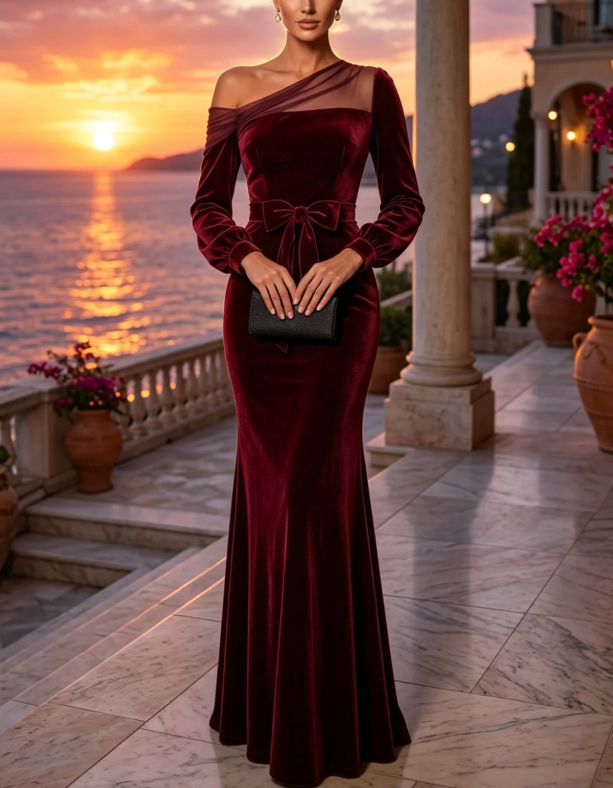 Burgundy Velvet One Shoulder Bow Maxi Dress
