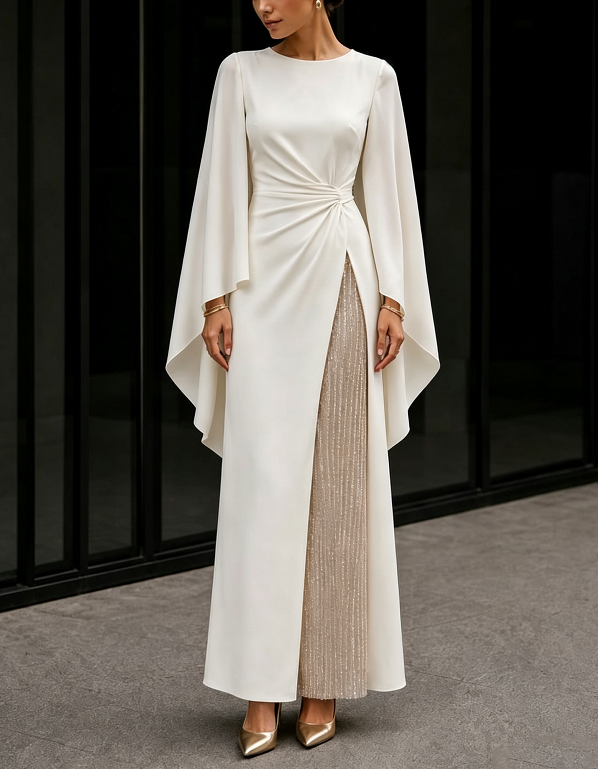 Ivory Round Neck Cape Sleeve Maxi Dress