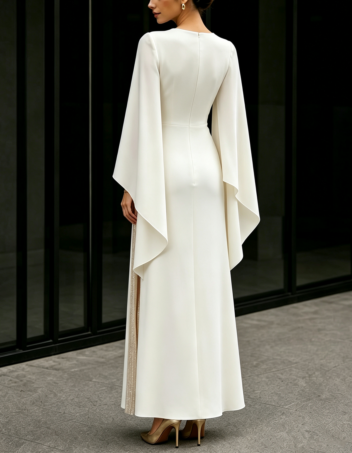 Ivory Round Neck Cape Sleeve Maxi Dress