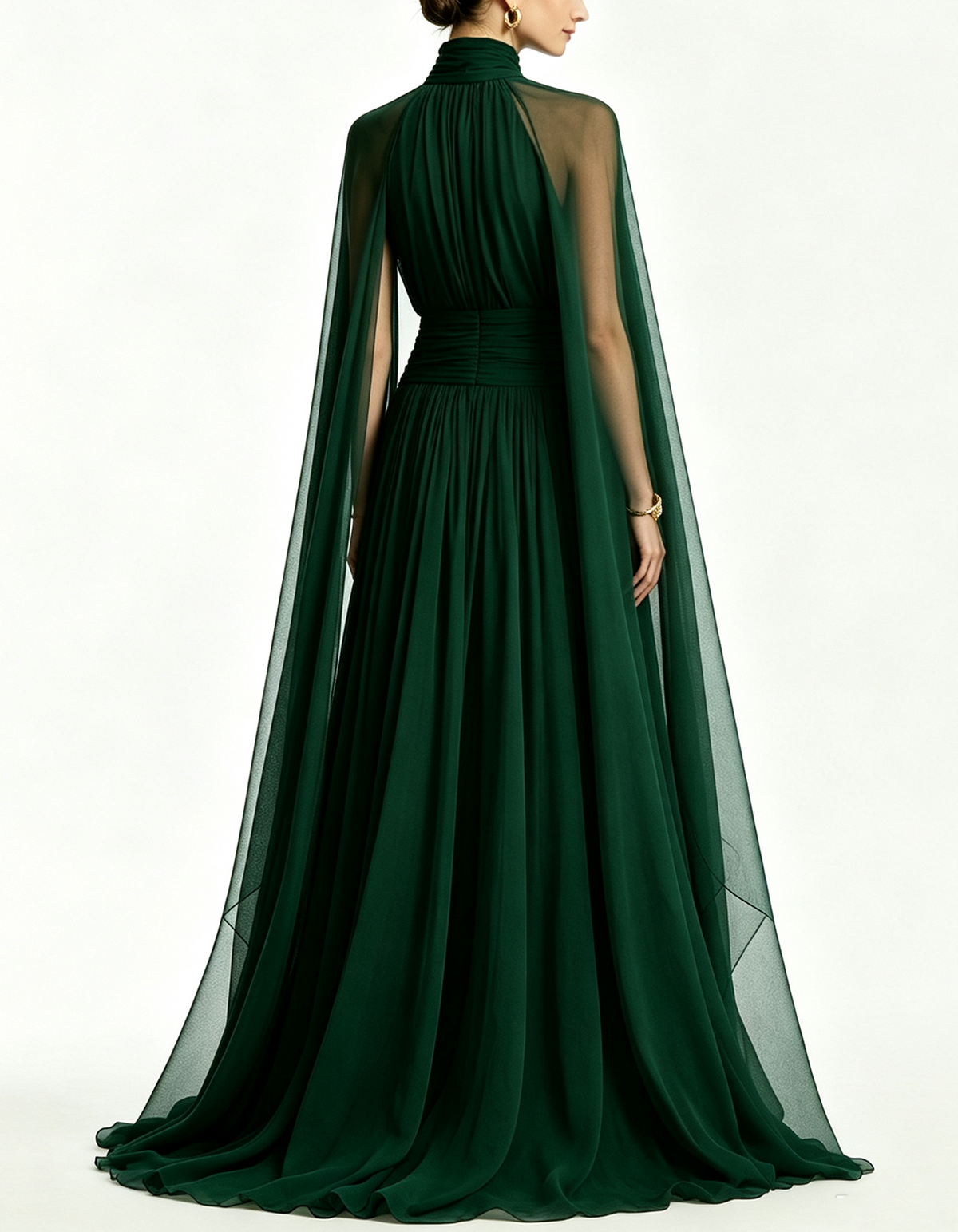 High Neck Sheer Cape Chiffon Floor Length Maxi Dress