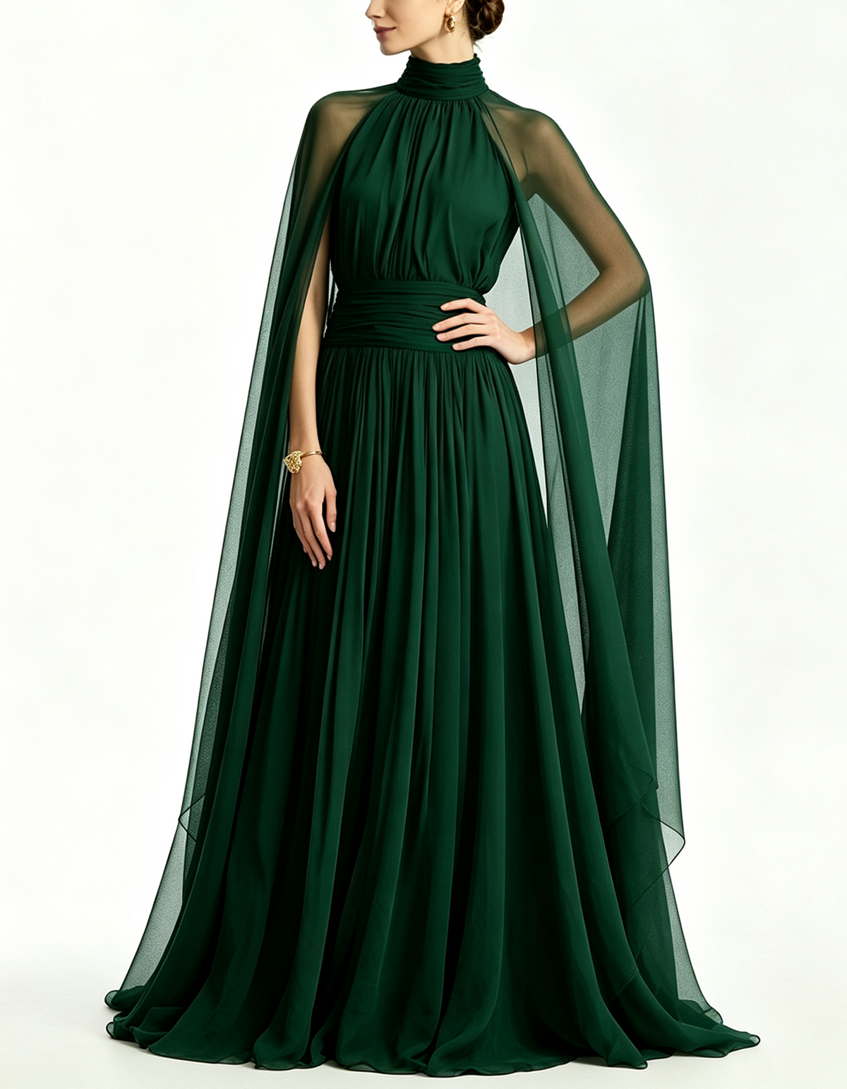 High Neck Sheer Cape Chiffon Floor Length Maxi Dress