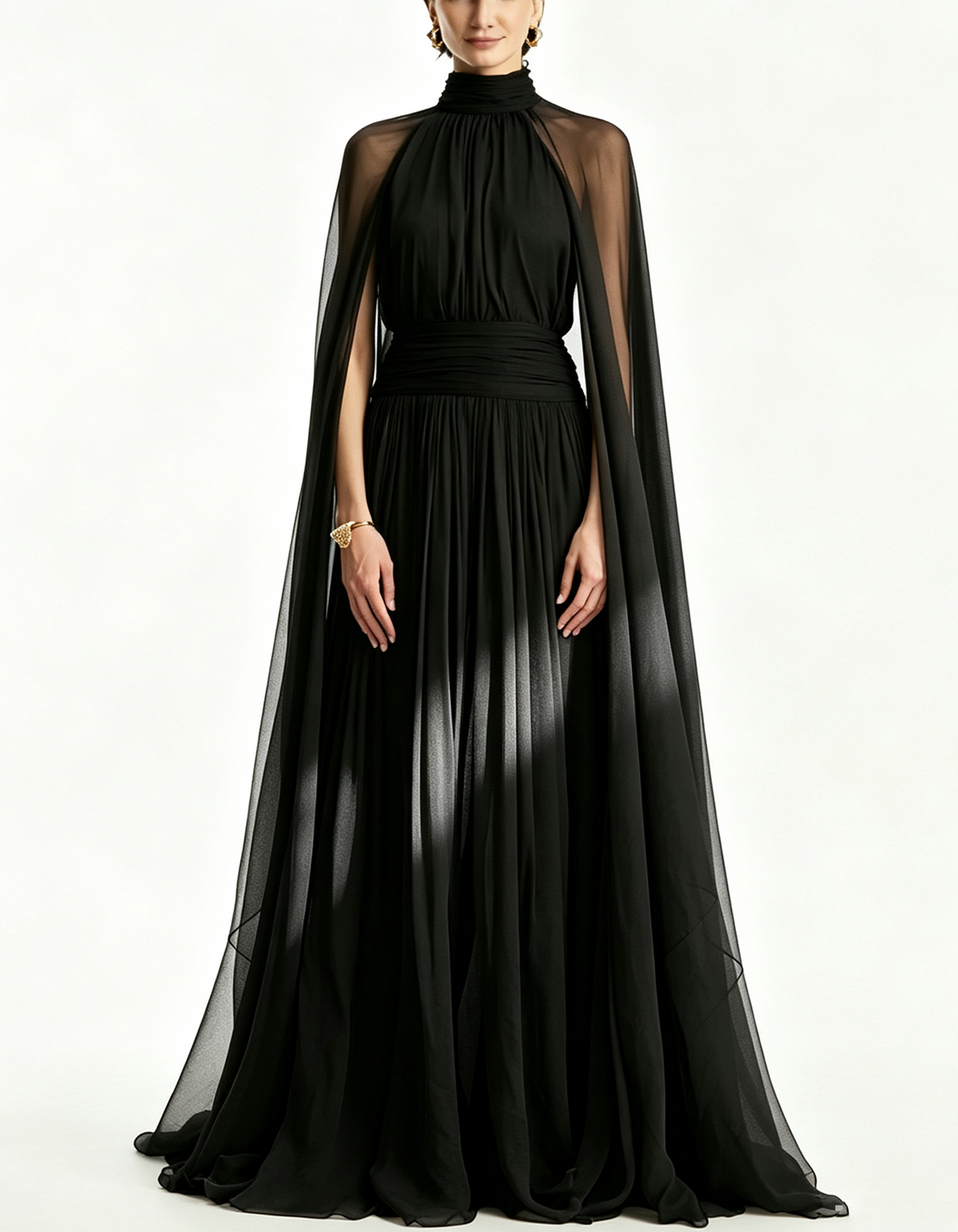 High Neck Sheer Cape Chiffon Floor Length Maxi Dress