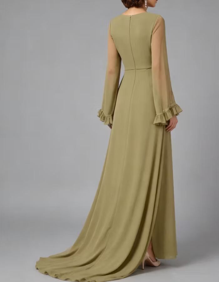 Olive Green Pleated Chiffon Maxi Dress