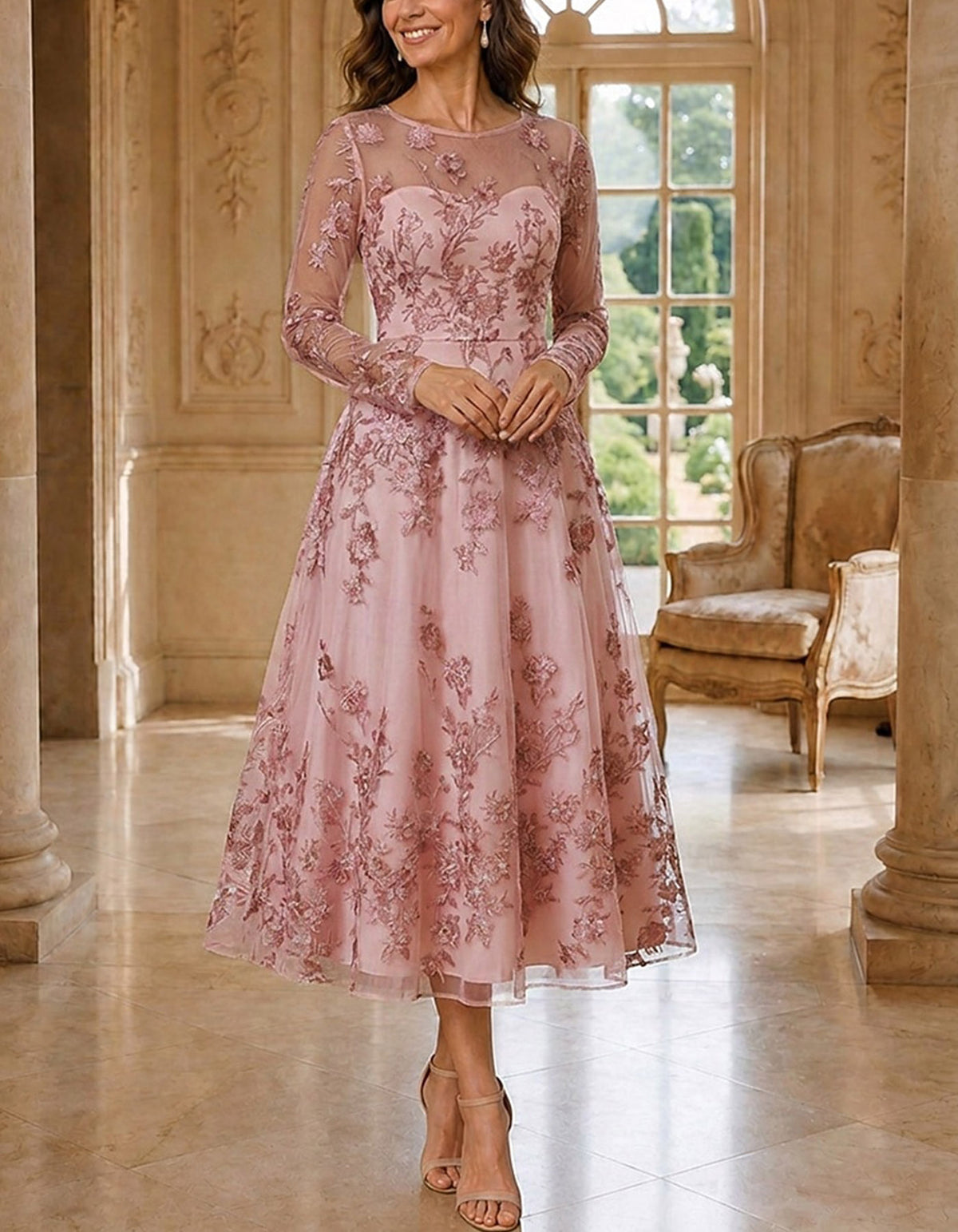 Solid Color Crew Neck With Floral Embroidery Midi Dress