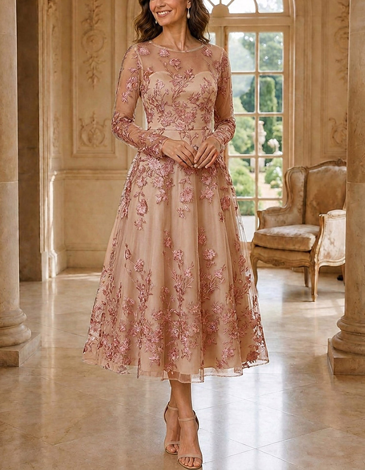 Solid Color Crew Neck With Floral Embroidery Midi Dress