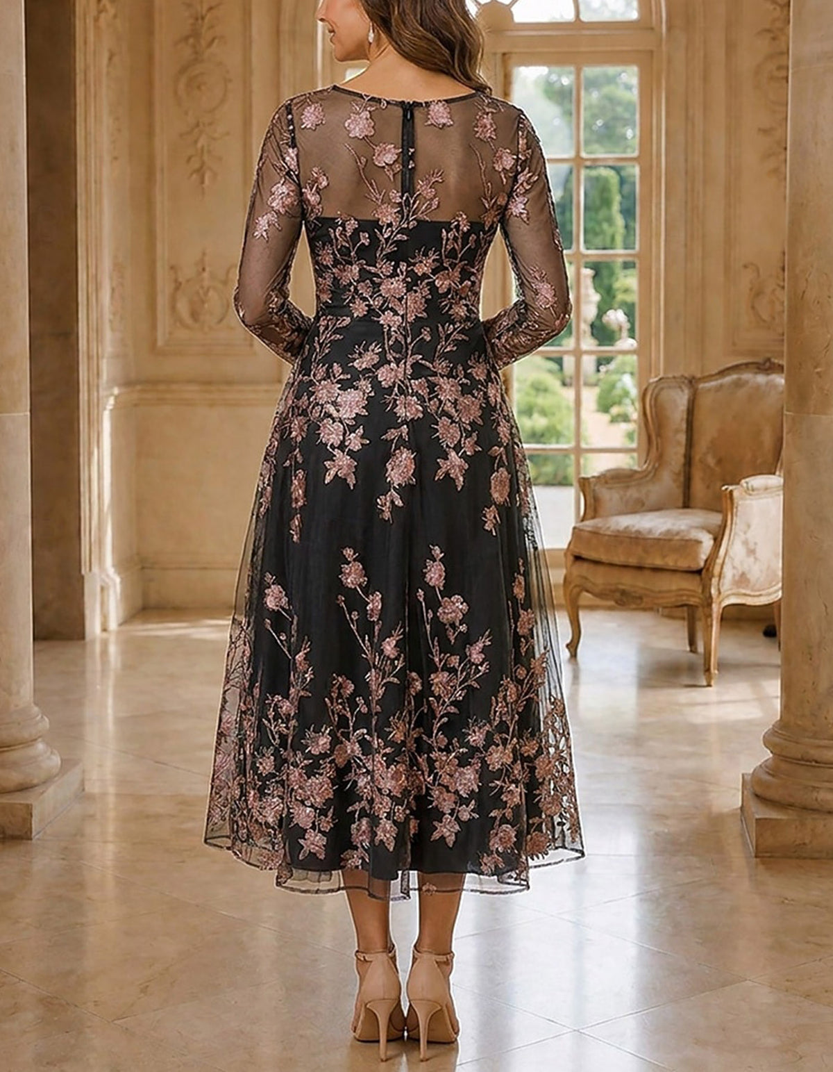 Solid Color Crew Neck With Floral Embroidery Midi Dress