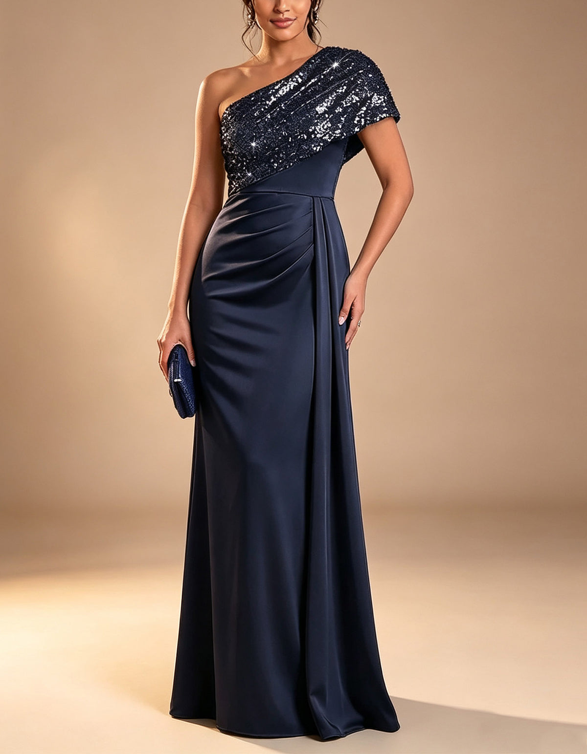 Solid Color Sequined Satin One Shoulder Design Maxi Dress