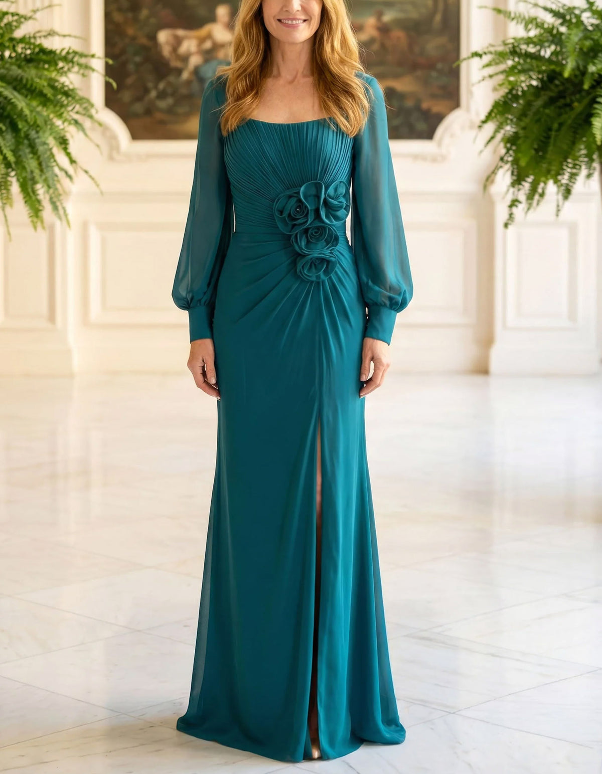 Solid Color Pleated Chiffon With A Square Neckline Maxi Dress