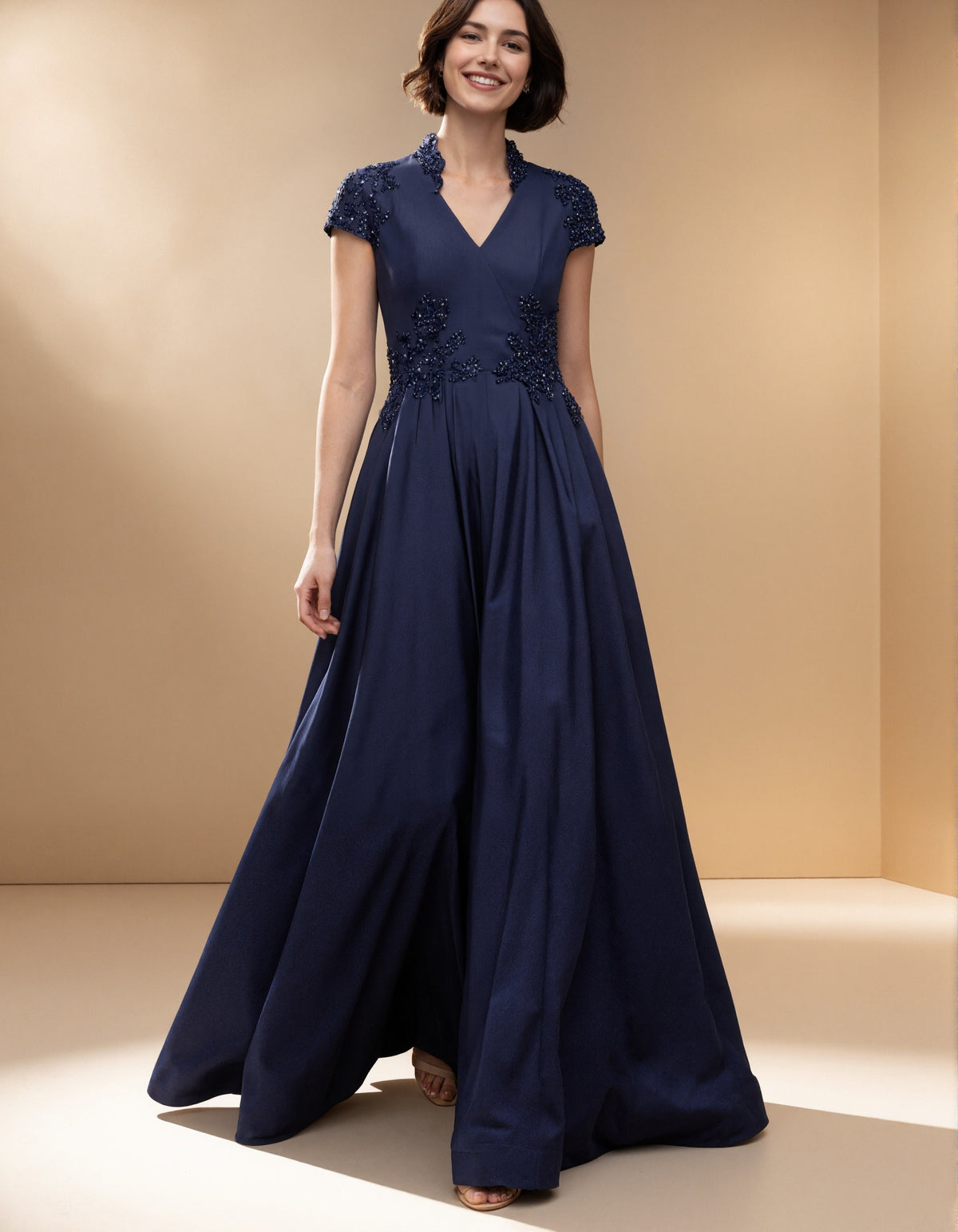 Dark Blue Satin With A Stand Up Collar Maxi Dress
