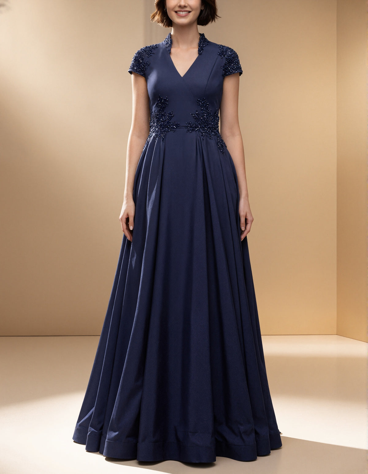 Dark Blue Satin With A Stand Up Collar Maxi Dress
