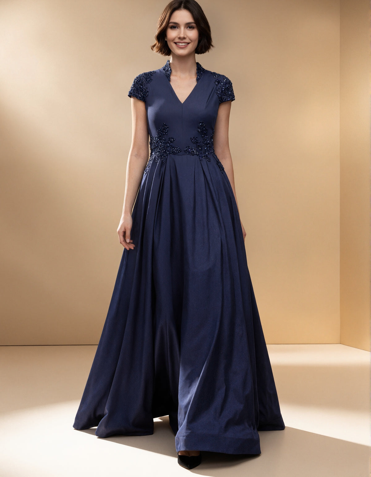 Dark Blue Satin With A Stand Up Collar Maxi Dress