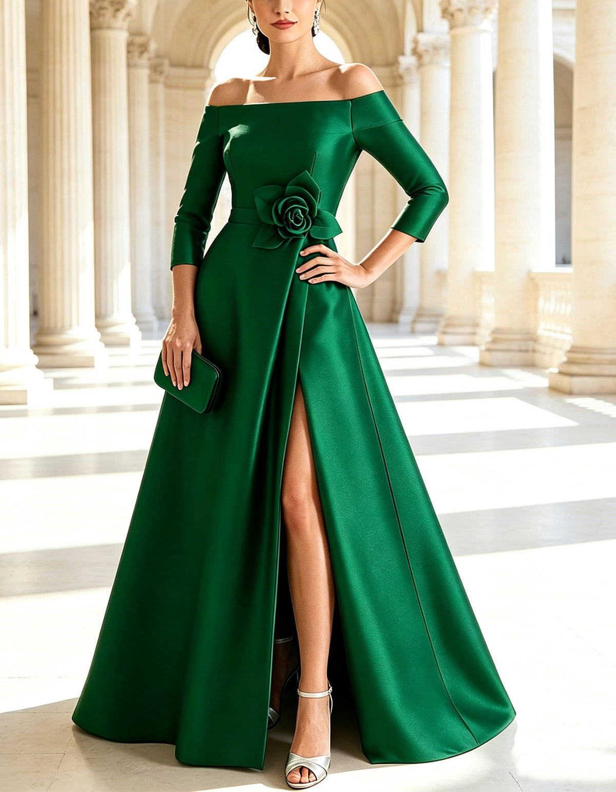 Solid Color Off The Shoulder Satin A-line Maxi Dress