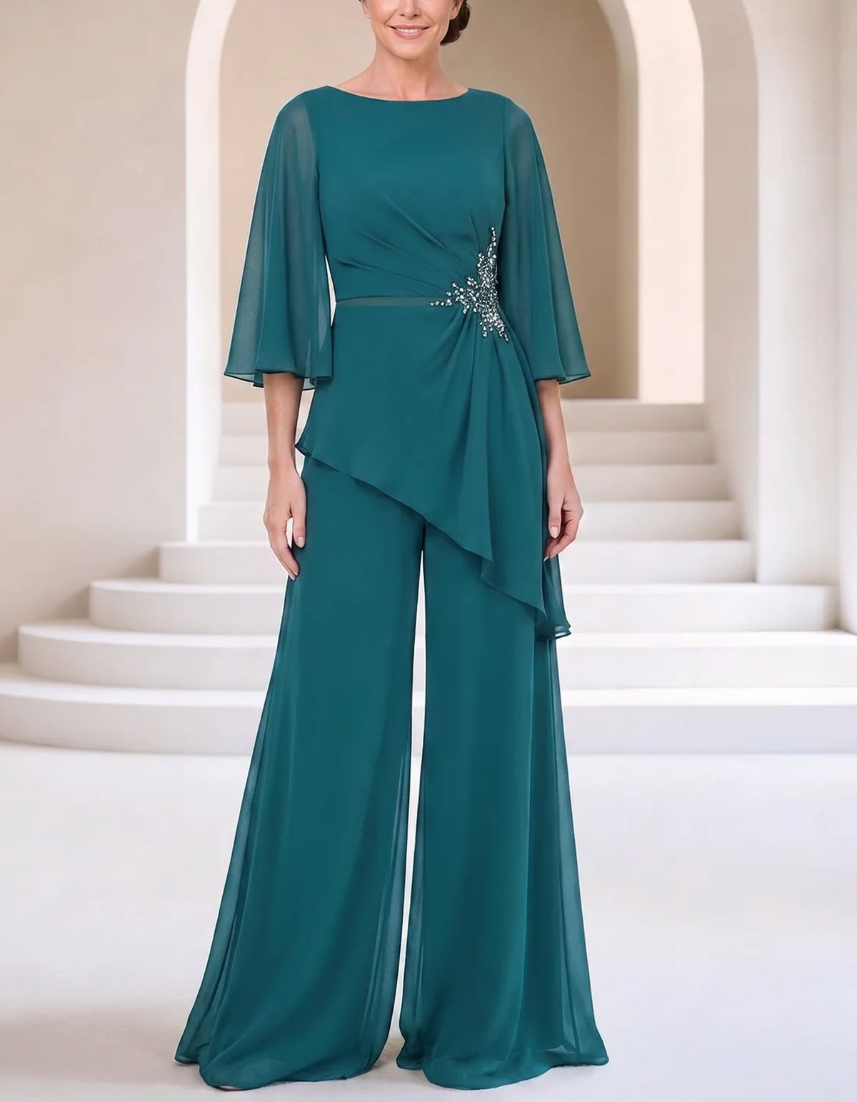 Green Round Neck Chiffon Jumpsuit