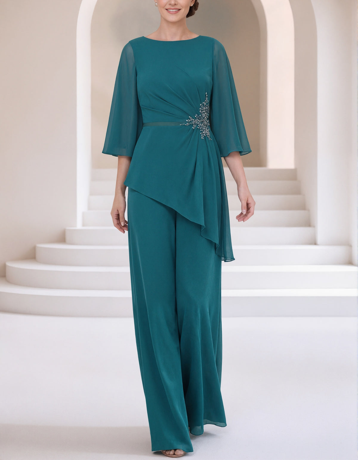 Green Round Neck Chiffon Jumpsuit