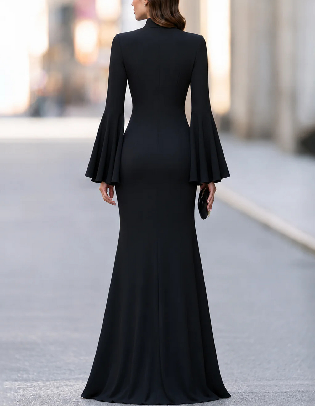 High Neck Bell Sleeve Stand Collar Long Flare Sleeve Maxi Dress