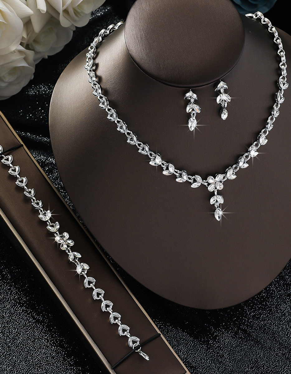 Gold Floral Crystal Drop Jewelry Set for Women Evening Dress