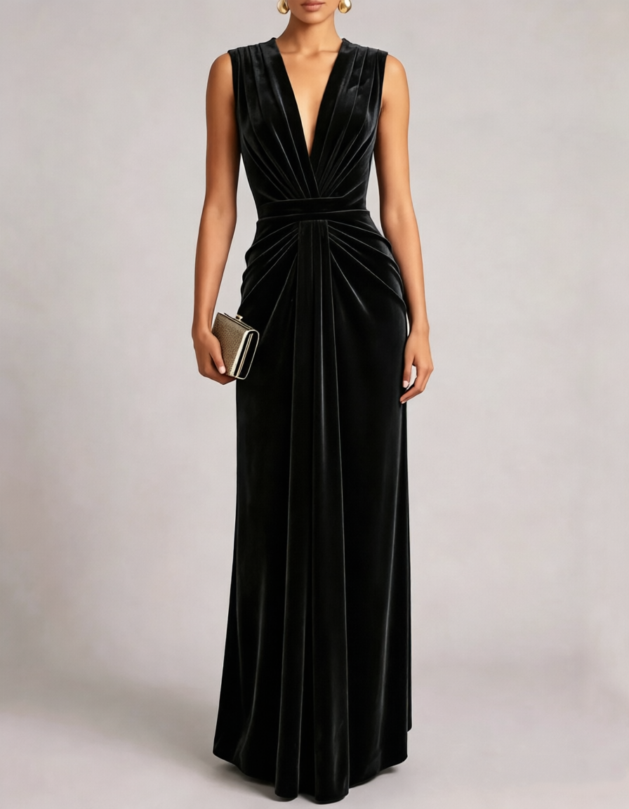 V Neck Sleeveless Velvet A Line Evening Maxi Dress