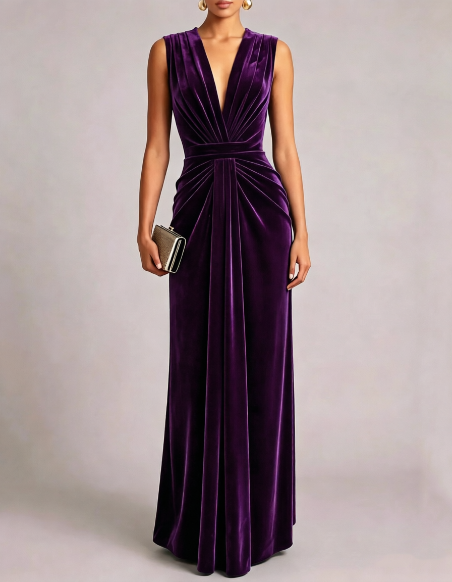 V Neck Sleeveless Velvet A Line Evening Maxi Dress