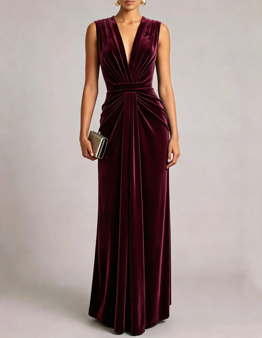 V Neck Sleeveless Velvet A Line Evening Maxi Dress