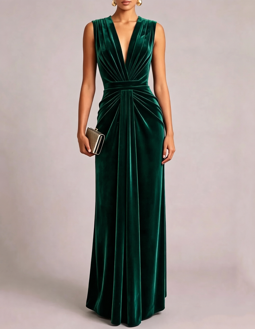 V Neck Sleeveless Velvet A Line Evening Maxi Dress