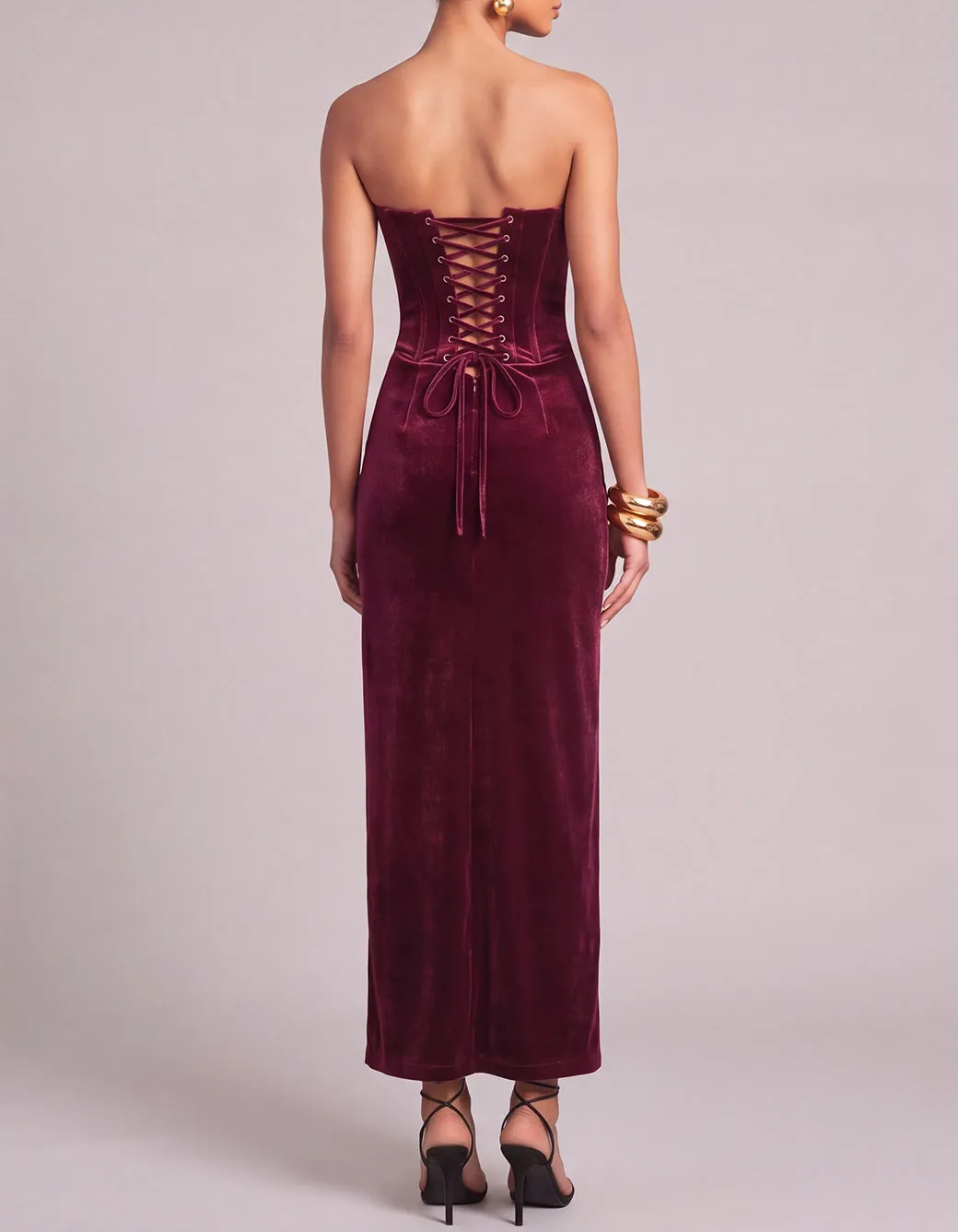 Strapless Beaded Velvet Mermaid Midi Evening Dress