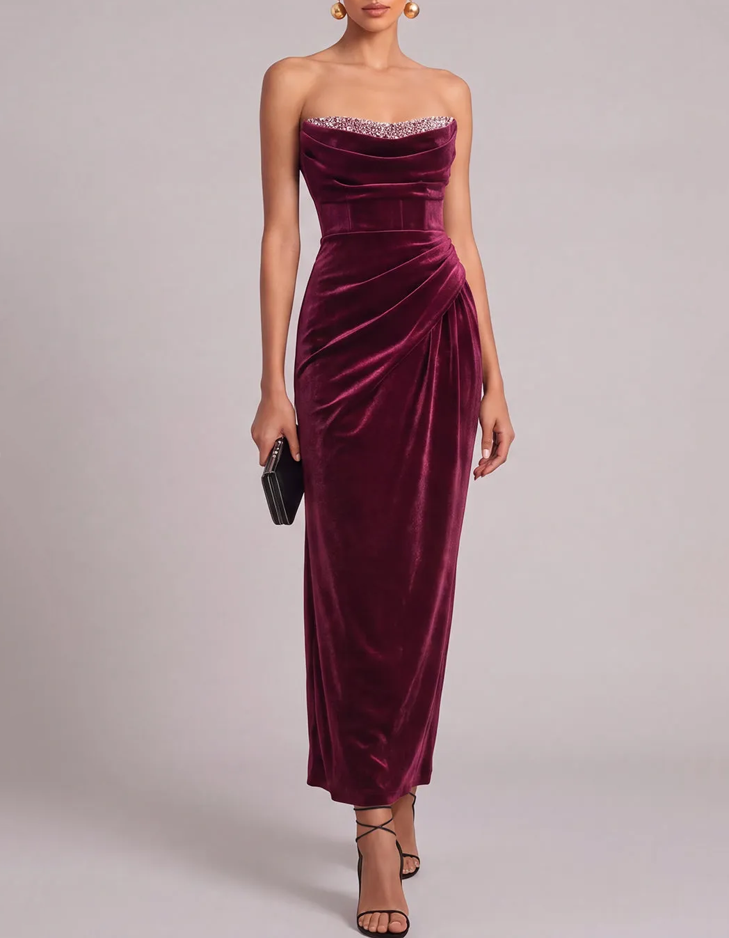 Strapless Beaded Velvet Mermaid Midi Evening Dress