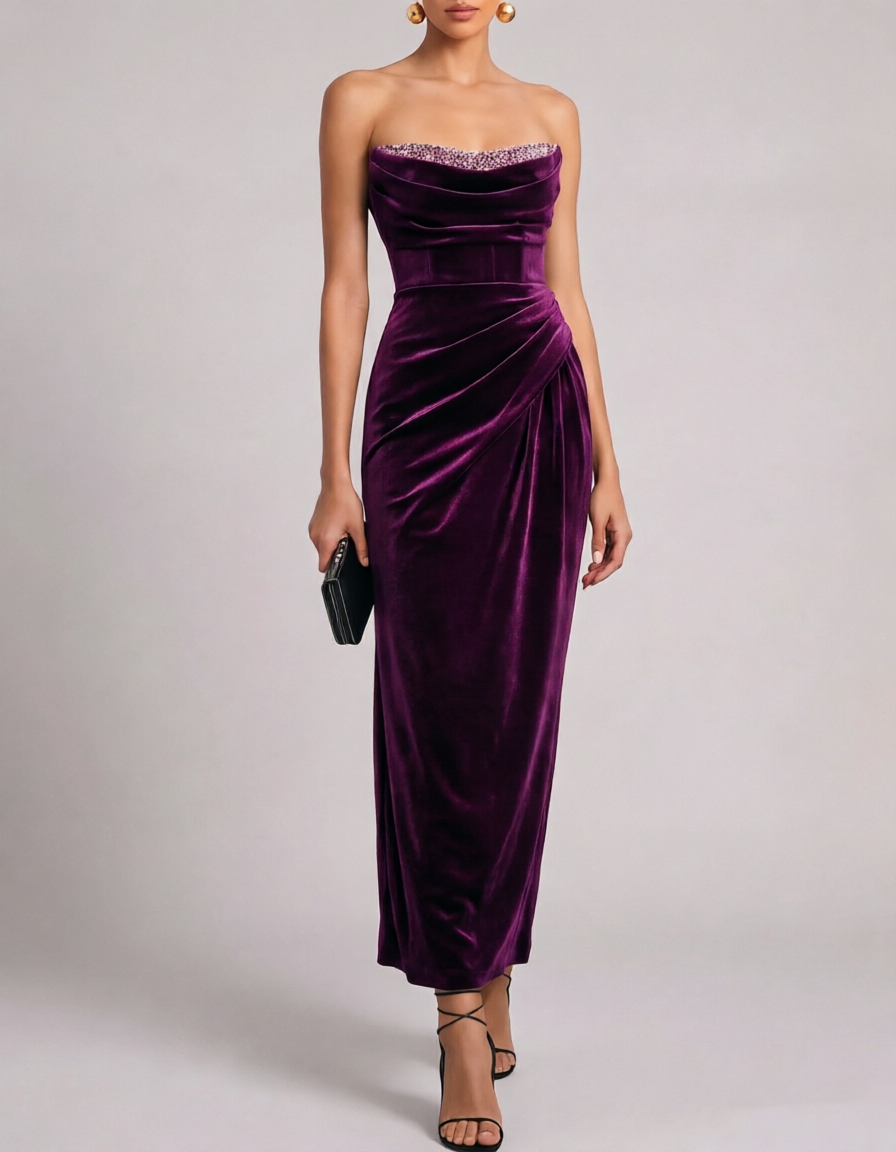 Strapless Beaded Velvet Mermaid Midi Evening Dress