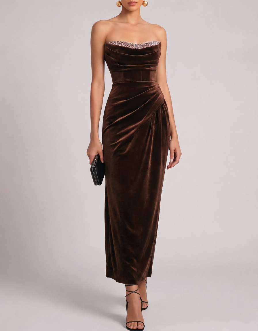 Strapless Beaded Velvet Mermaid Midi Evening Dress