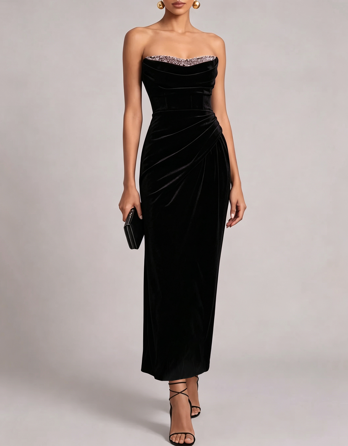 Strapless Beaded Velvet Mermaid Midi Evening Dress