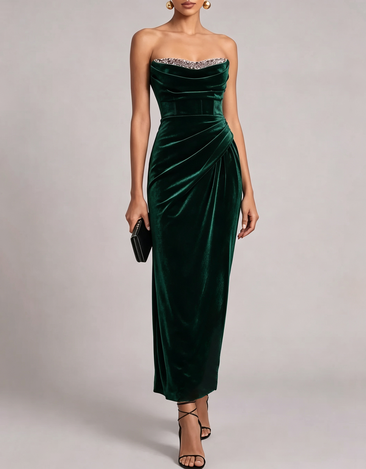 Strapless Beaded Velvet Mermaid Midi Evening Dress