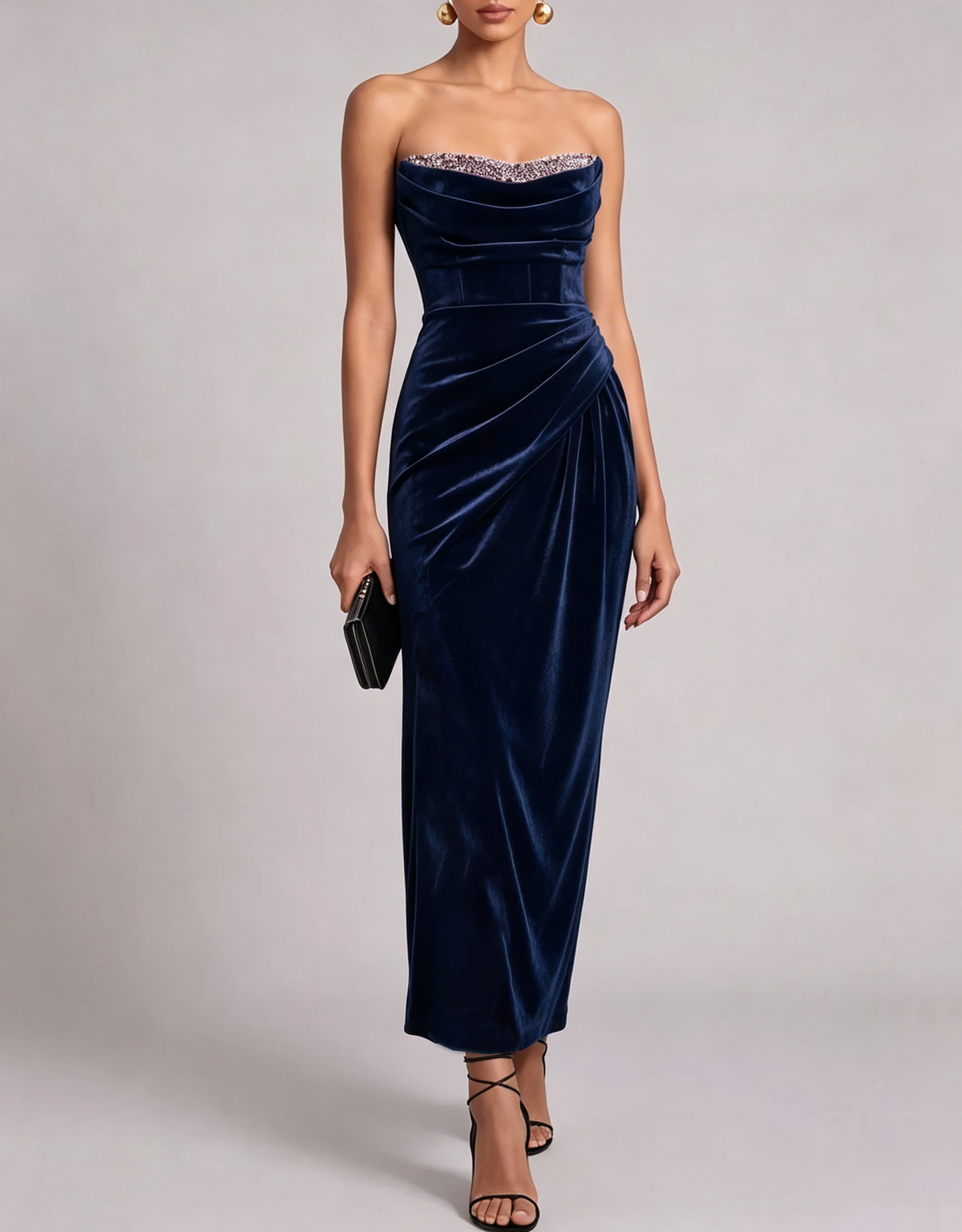 Strapless Beaded Velvet Mermaid Midi Evening Dress