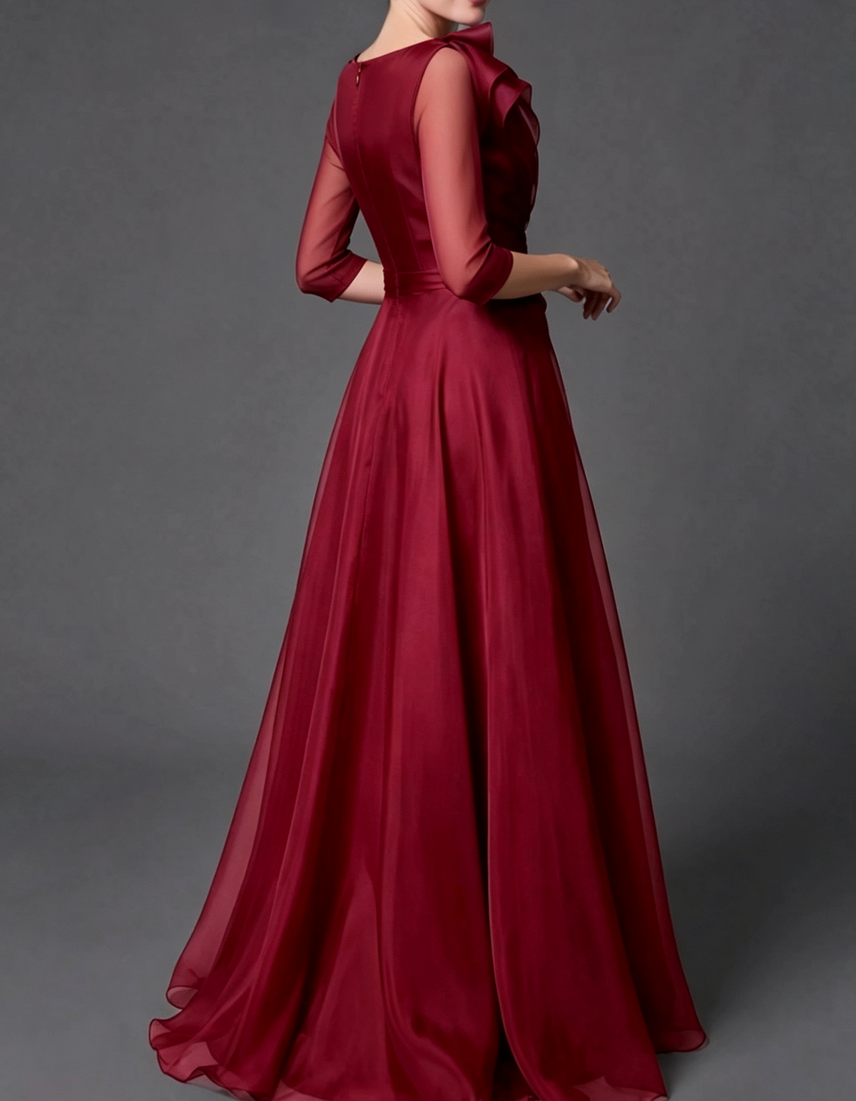 Draped Ruffle 3/4 Sheer Sleeve A-Line Organza Maxi Dress