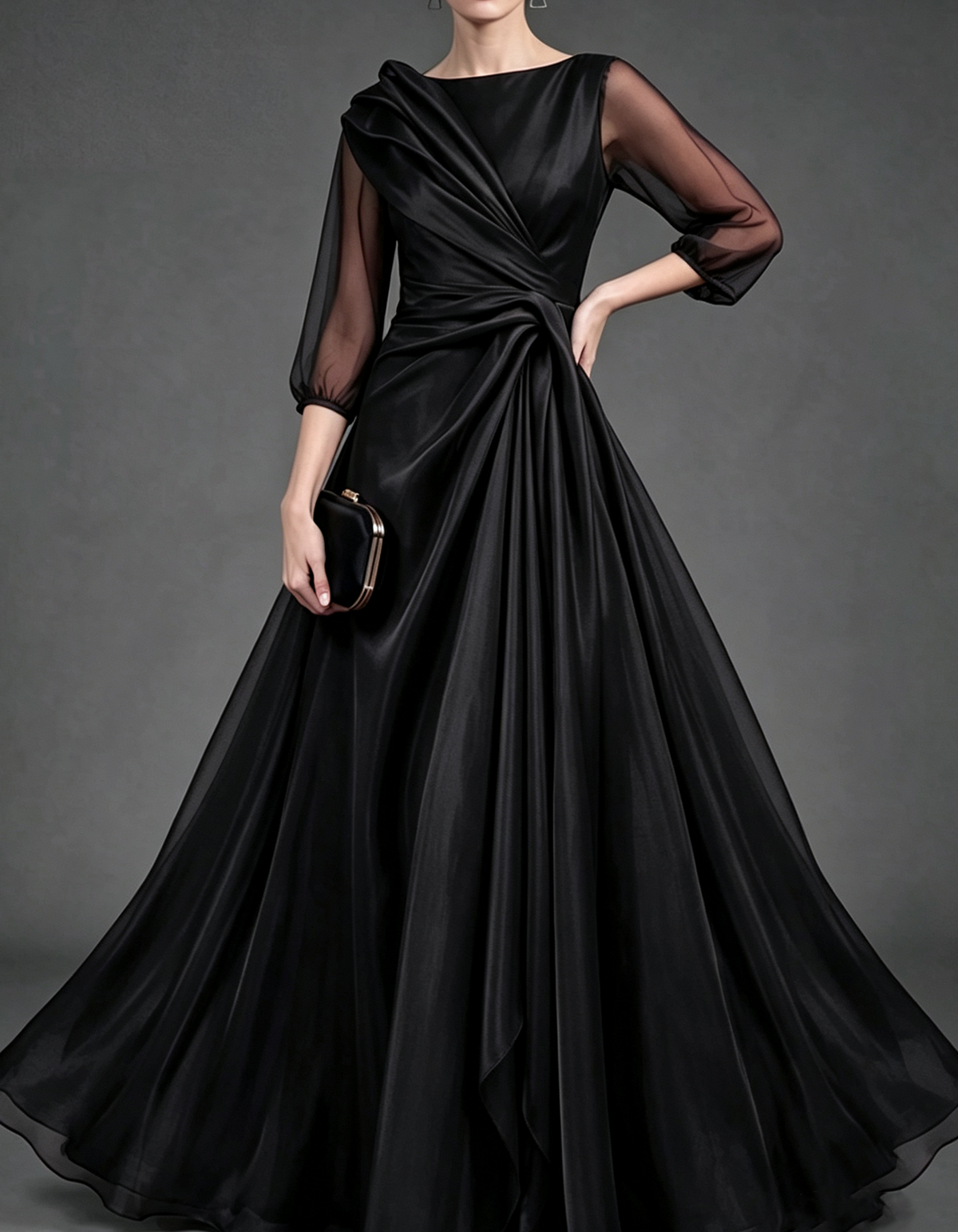 Draped Ruffle 3/4 Sheer Sleeve A-Line Organza Maxi Dress