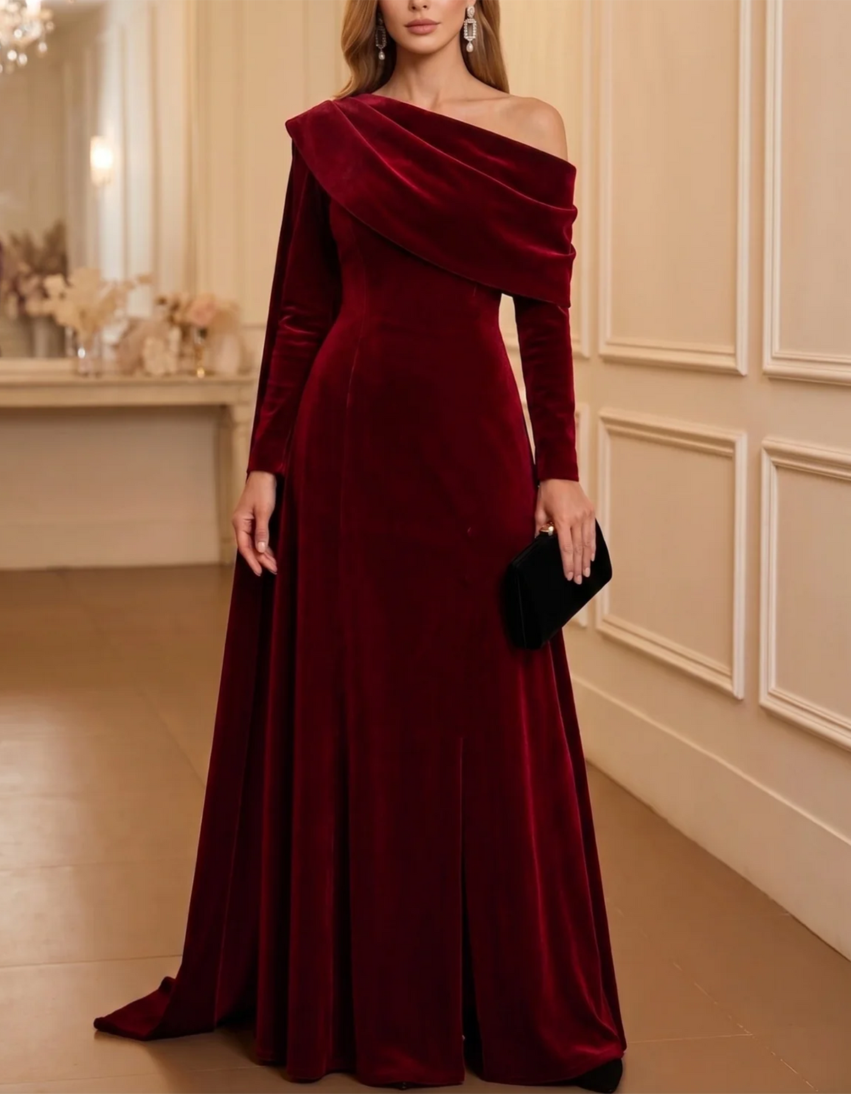 Burgundy Asymmetric Off-the-Shoulder Long-Sleeve Velvet Maxi Dress