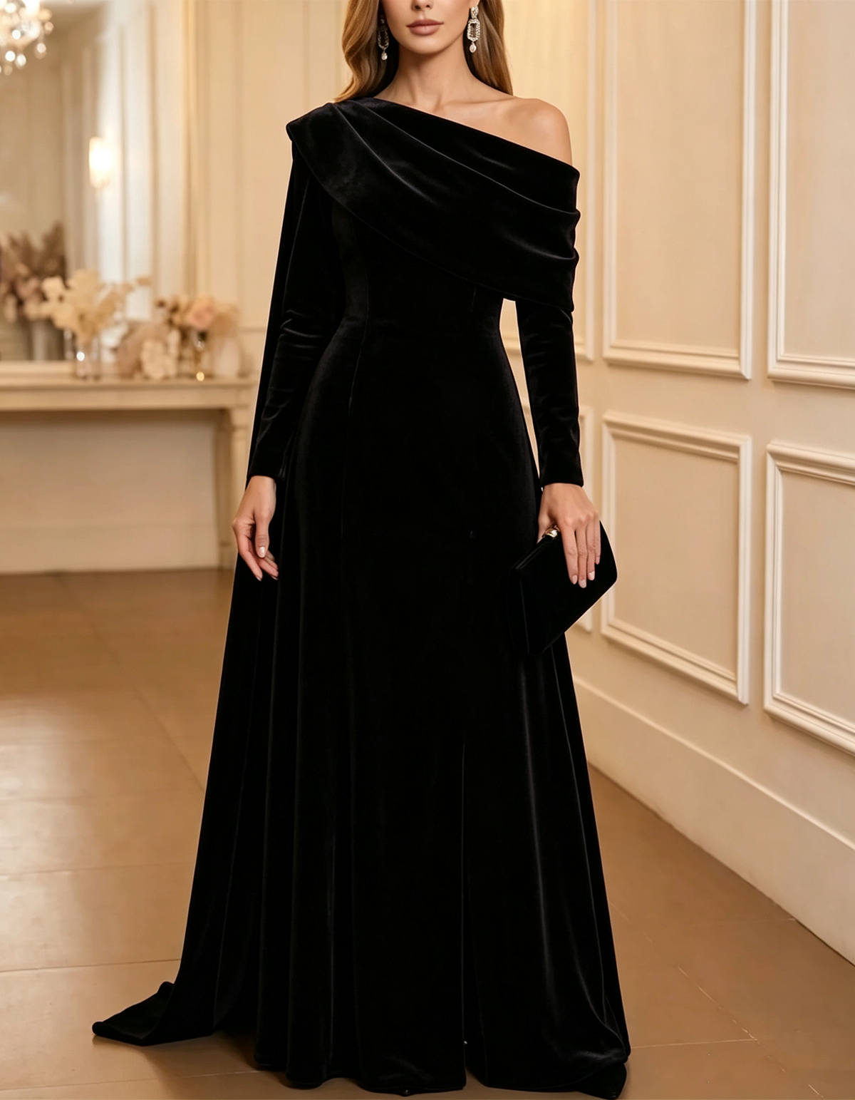 Burgundy Asymmetric Off-the-Shoulder Long-Sleeve Velvet Maxi Dress