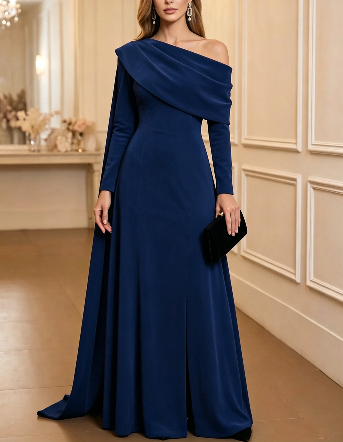 Burgundy Asymmetric Off-the-Shoulder Long-Sleeve Velvet Maxi Dress