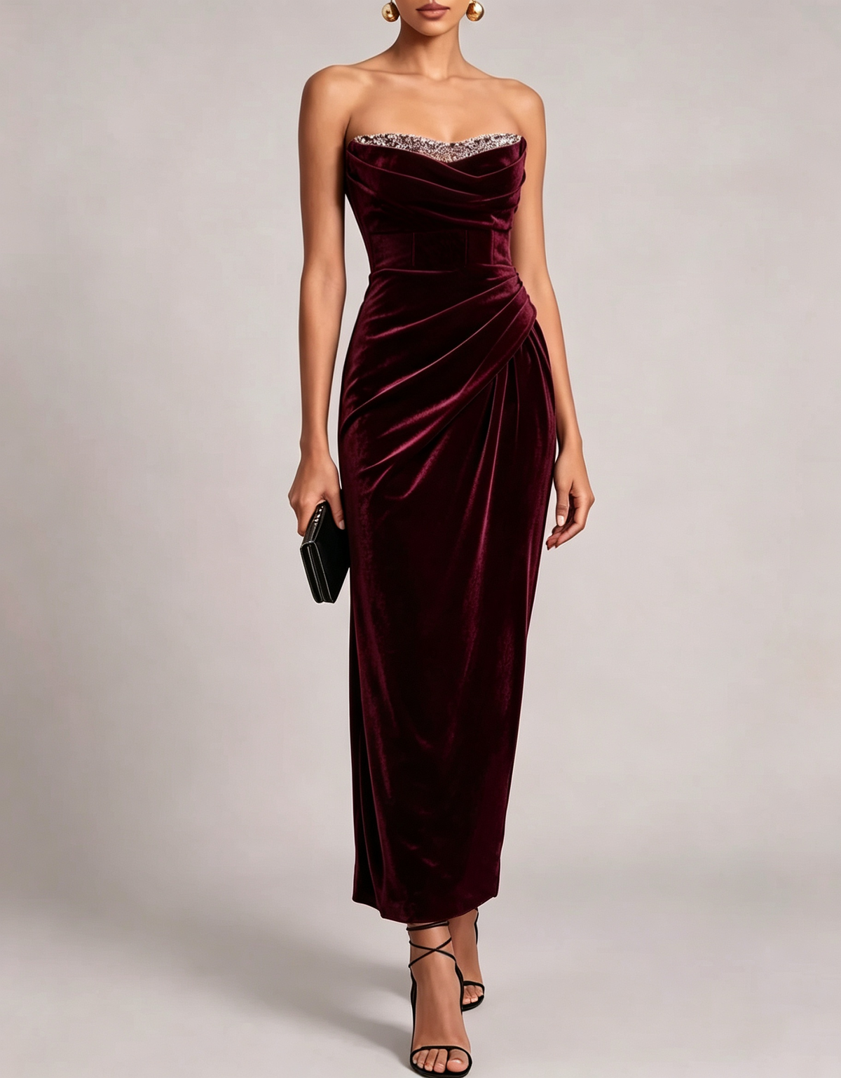 Strapless Beaded Velvet Mermaid Midi Evening Dress