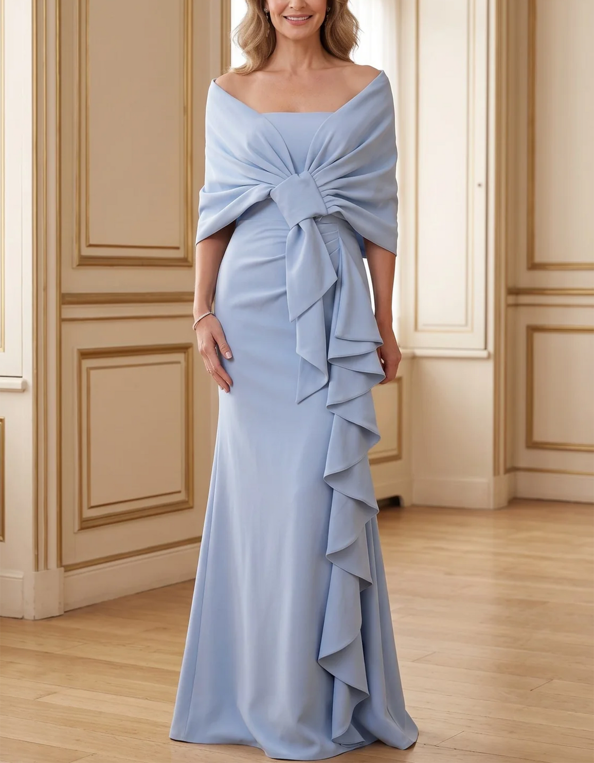 Light Blue Off-the-Shoulder Bow Draped Crepe Mermaid Maxi Dress