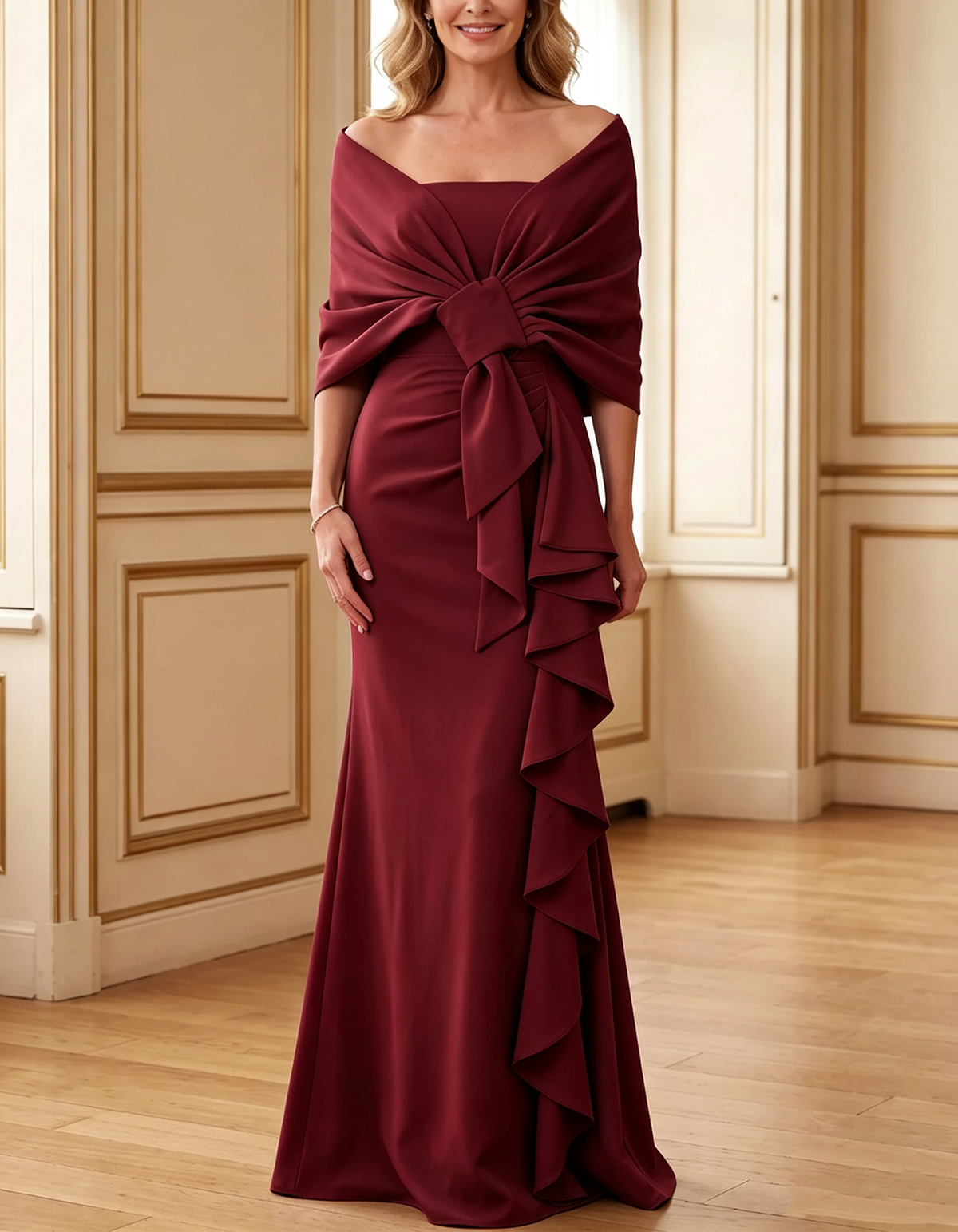 Light Blue Off-the-Shoulder Bow Draped Crepe Mermaid Maxi Dress