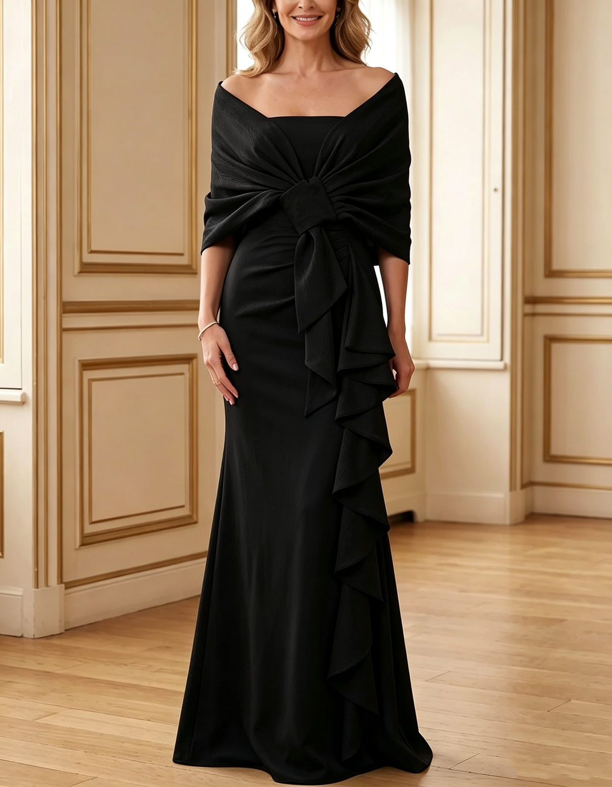 Light Blue Off-the-Shoulder Bow Draped Crepe Mermaid Maxi Dress