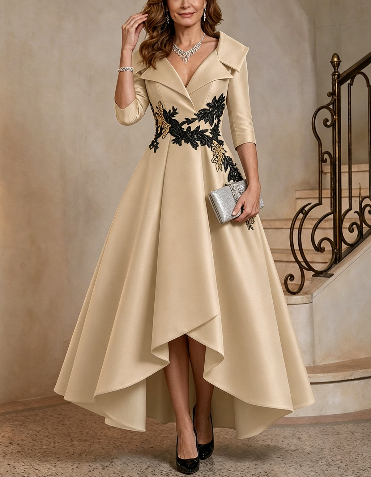 Satin V Neck 3/4 Sleeve Lapel High Low Maxi Dress