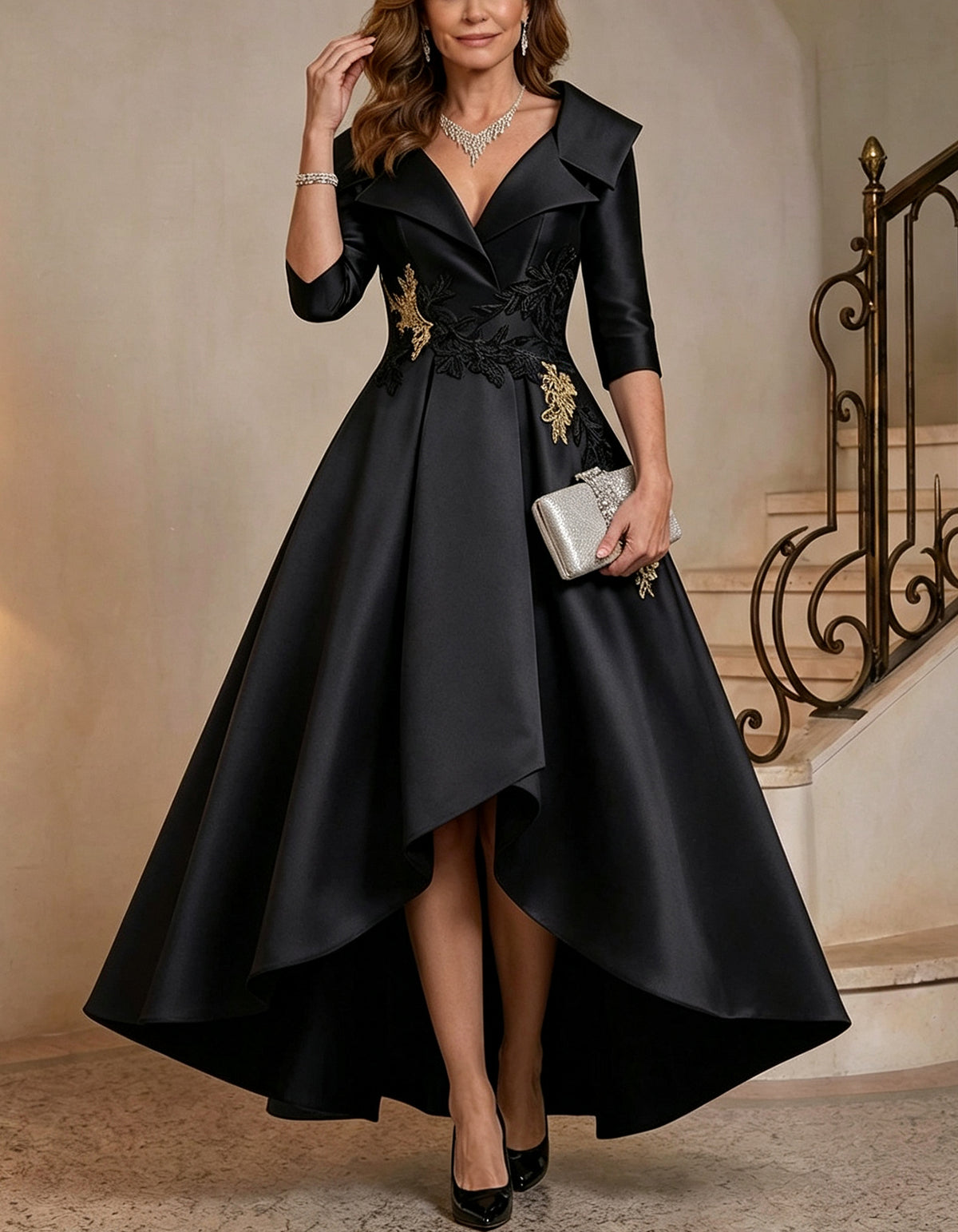 Satin V Neck 3/4 Sleeve Lapel High Low Maxi Dress