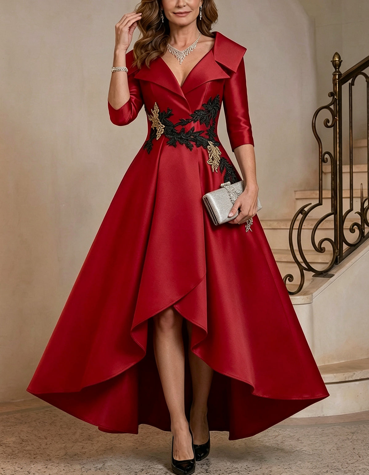 Satin V Neck 3/4 Sleeve Lapel High Low Maxi Dress