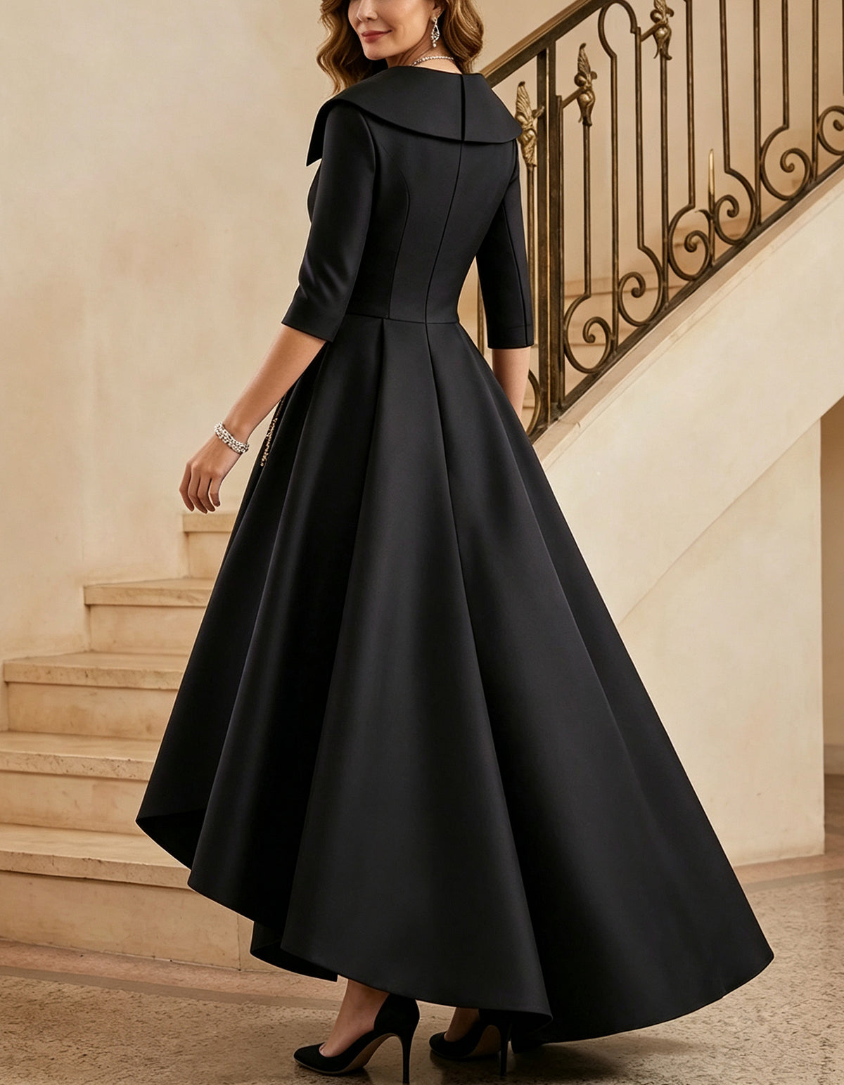 Satin V Neck 3/4 Sleeve Lapel High Low Maxi Dress