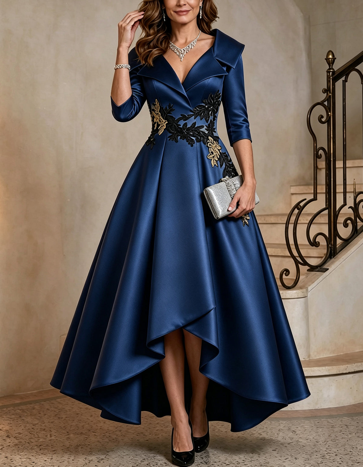 Satin V Neck 3/4 Sleeve Lapel High Low Maxi Dress